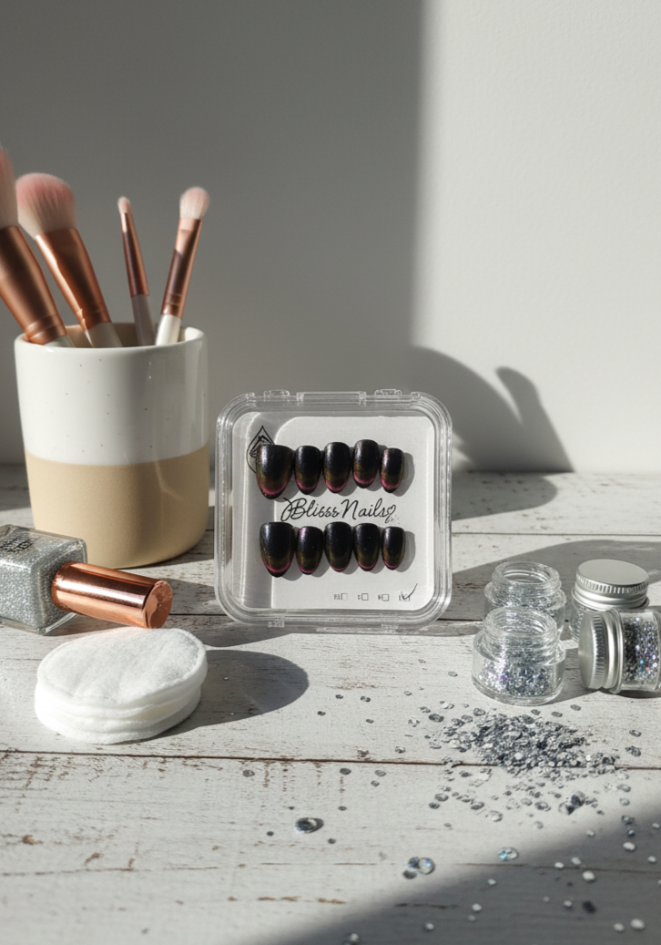 Blisss Nails Handmade Premium Press On Nails – Black Sunset Ember Aura Cat Eye Magnetic Effect, Reusable Artificial Nails, Short Almond Stiletto Shape, Luxury Velvet Finish Salon-Quality False Nails 10 Pcs Nail Set