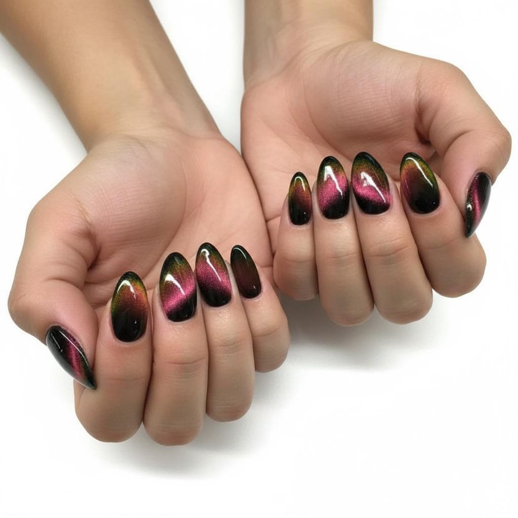 Blisss Nails Handmade Premium Press On Nails – Black Sunset Ember Aura Cat Eye Magnetic Effect, Reusable Artificial Nails, Short Almond Stiletto Shape, Luxury Velvet Finish Salon-Quality False Nails 10 Pcs Nail Set