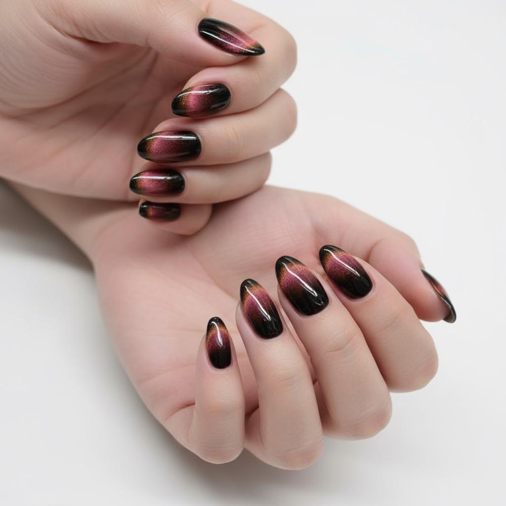 Blisss Nails Handmade Premium Press On Nails – Black Sunset Ember Aura Cat Eye Magnetic Effect, Reusable Artificial Nails, Short Almond Stiletto Shape, Luxury Velvet Finish Salon-Quality False Nails 10 Pcs Nail Set