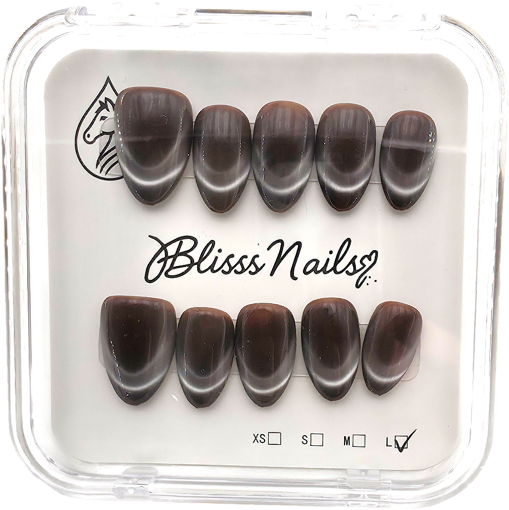 Blisss Nails Handmade Premium Press On Nails - Charcoal Onyx Halo Cat Eye Magnetic Effect, Reusable Artificial Nails, Short Almond Stiletto Shape, Luxury Shimmer Finish Salon-Quality False Nails 10 Pcs Nail Set