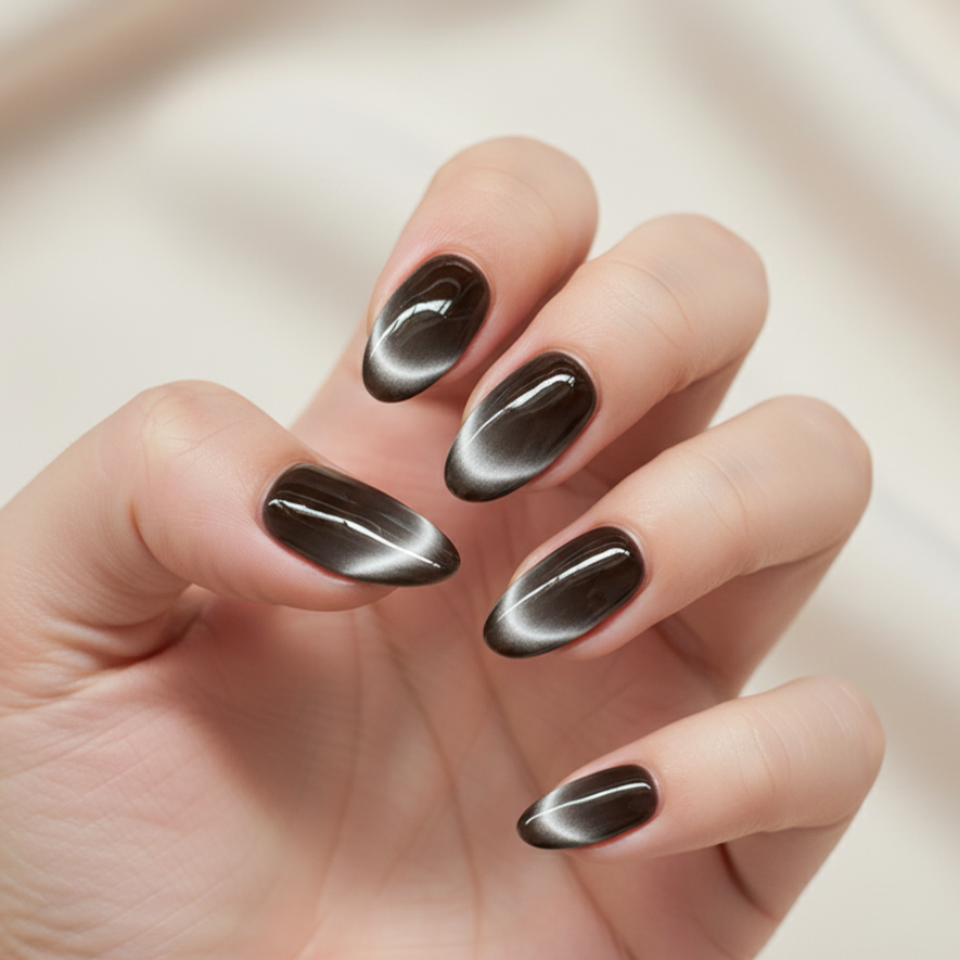 Blisss Nails Handmade Premium Press On Nails - Charcoal Onyx Halo Cat Eye Magnetic Effect, Reusable Artificial Nails, Short Almond Stiletto Shape, Luxury Shimmer Finish Salon-Quality False Nails 10 Pcs Nail Set