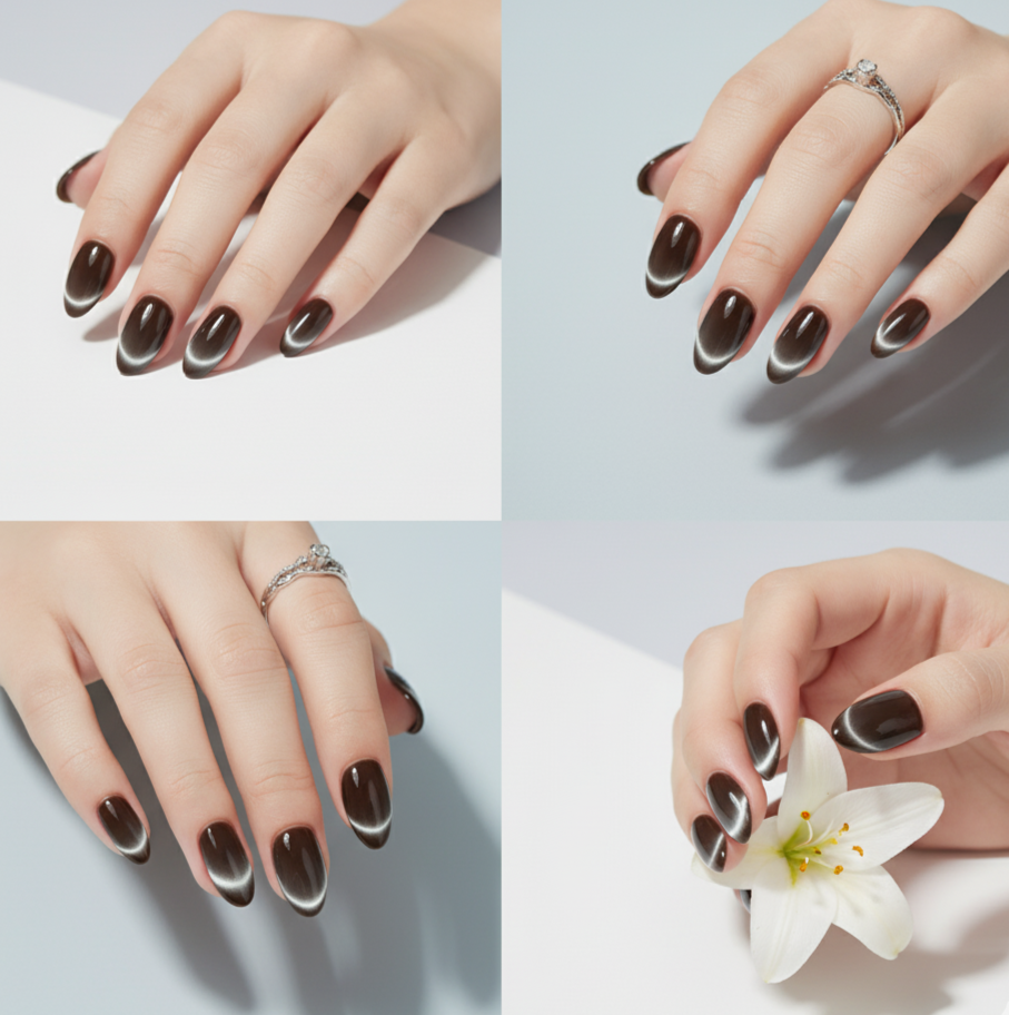 Blisss Nails Handmade Premium Press On Nails - Charcoal Onyx Halo Cat Eye Magnetic Effect, Reusable Artificial Nails, Short Almond Stiletto Shape, Luxury Shimmer Finish Salon-Quality False Nails 10 Pcs Nail Set