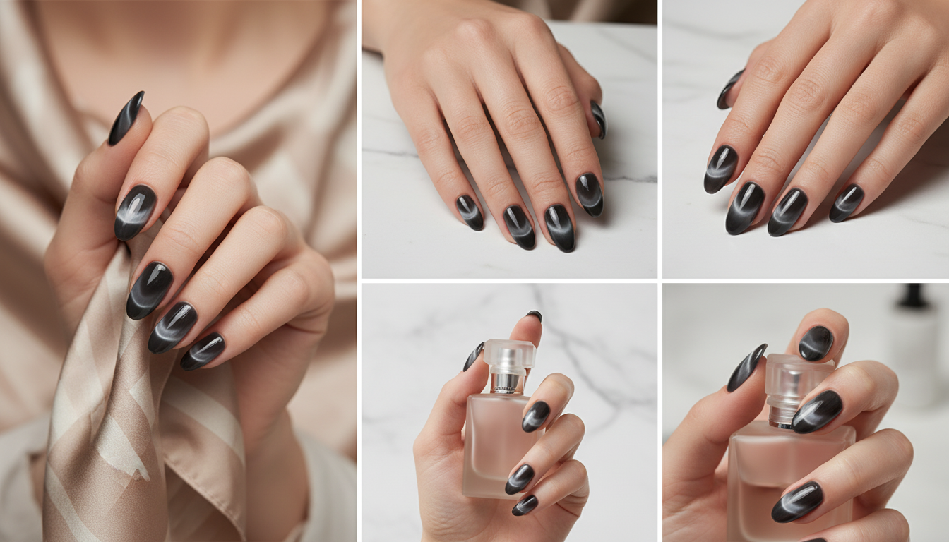 Blisss Nails Handmade Premium Press On Nails – Black Obsidian Velvet Halo Cat Eye Magnetic Effect, Reusable Artificial Nails, Short Almond Stiletto Shape, Luxury Shimmer Finish Salon-Quality False Nails 10 Pcs Nail Set