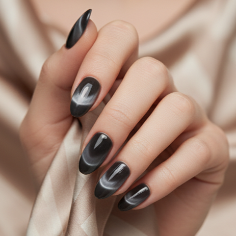 Blisss Nails Handmade Premium Press On Nails – Black Obsidian Velvet Halo Cat Eye Magnetic Effect, Reusable Artificial Nails, Short Almond Stiletto Shape, Luxury Shimmer Finish Salon-Quality False Nails 10 Pcs Nail Set
