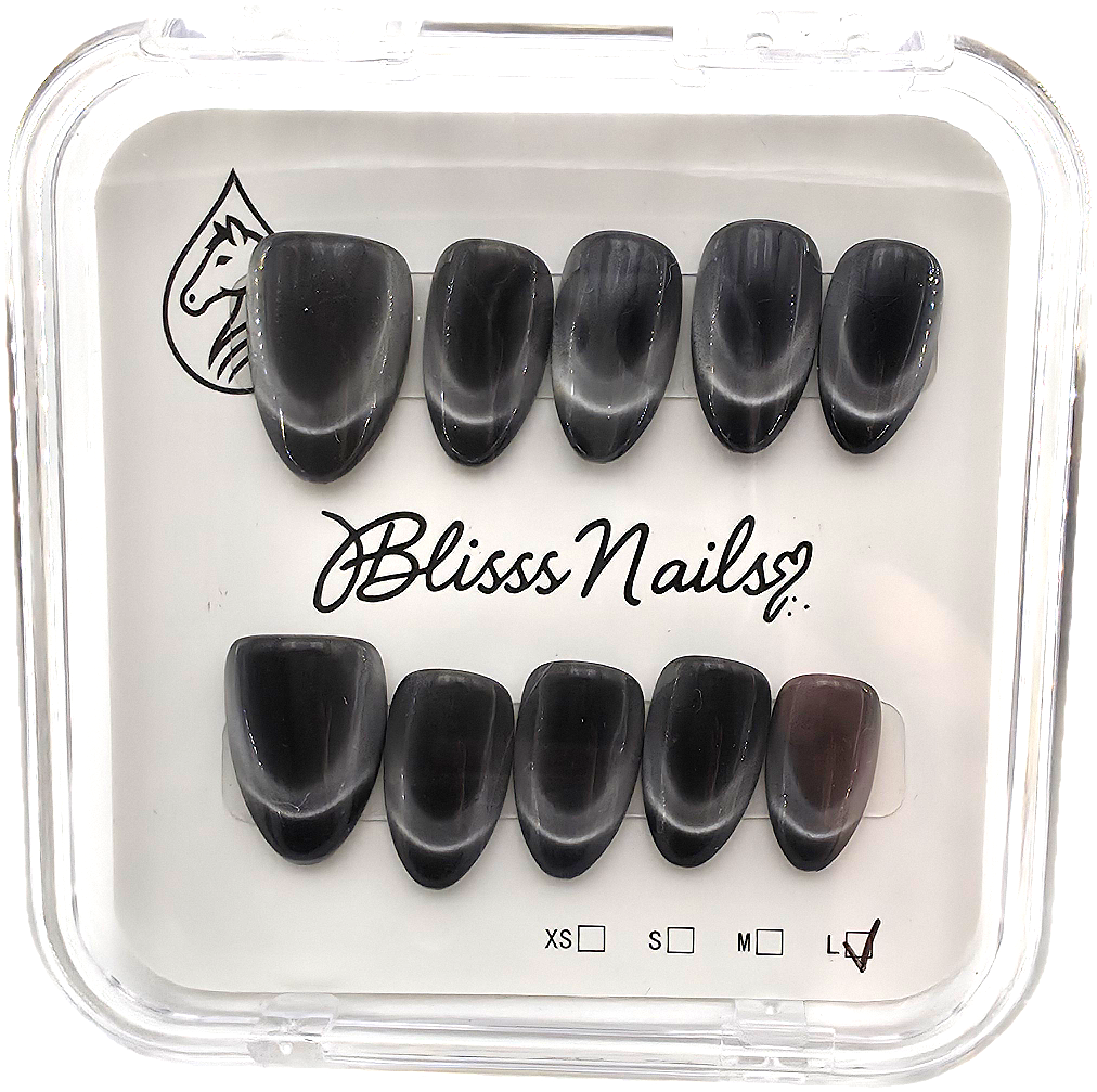 Blisss Nails Handmade Premium Press On Nails – Black Obsidian Velvet Halo Cat Eye Magnetic Effect, Reusable Artificial Nails, Short Almond Stiletto Shape, Luxury Shimmer Finish Salon-Quality False Nails 10 Pcs Nail Set