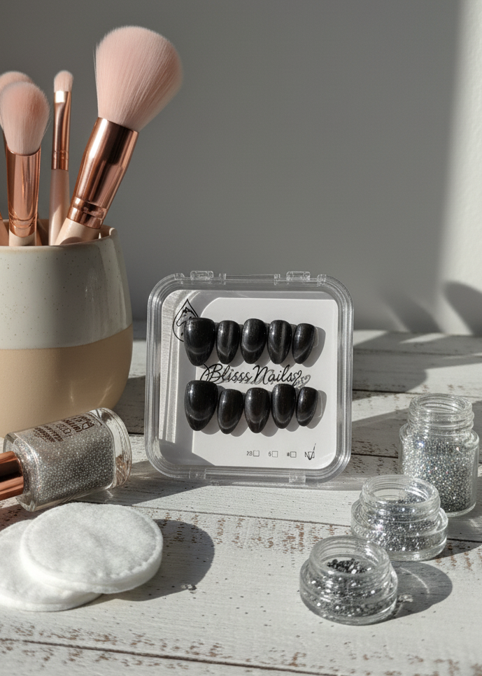 Blisss Nails Handmade Premium Press On Nails – Black Obsidian Velvet Halo Cat Eye Magnetic Effect, Reusable Artificial Nails, Short Almond Stiletto Shape, Luxury Shimmer Finish Salon-Quality False Nails 10 Pcs Nail Set