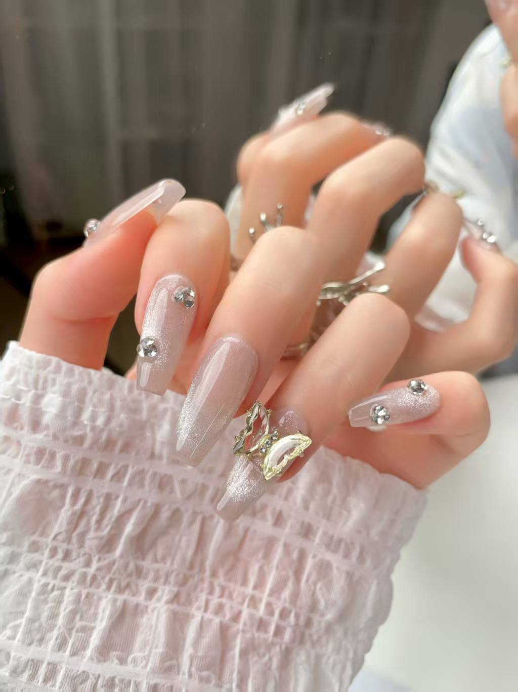 Blisss Nails Handmade with  Cat Eye Effect Pearl White Butterfly Press On Nails – Long Coffin Reusable Artificial Fake Nails with Crystal Rhinestones | Premium Luxury Nail Art 10 Pc Nails Set