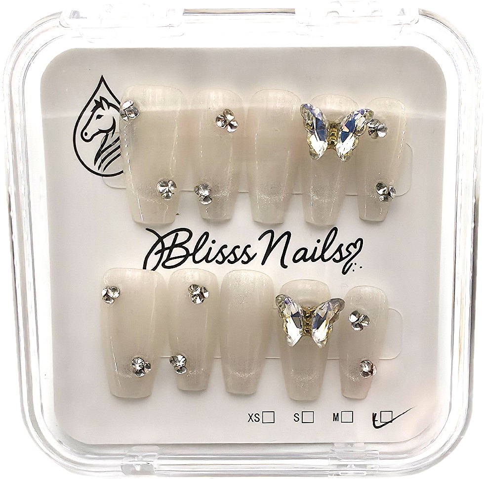 Blisss Nails Handmade with  Cat Eye Effect Pearl White Butterfly Press On Nails – Long Coffin Reusable Artificial Fake Nails with Crystal Rhinestones | Premium Luxury Nail Art 10 Pc Nails Set