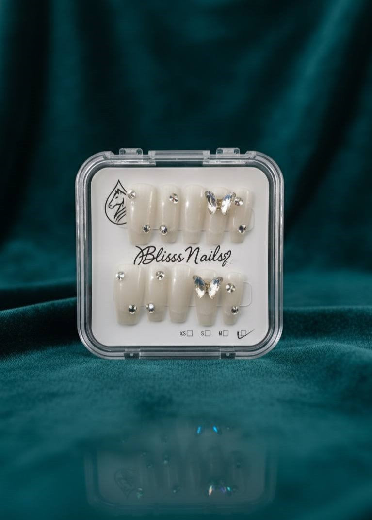 Blisss Nails Handmade with  Cat Eye Effect Pearl White Butterfly Press On Nails – Long Coffin Reusable Artificial Fake Nails with Crystal Rhinestones | Premium Luxury Nail Art 10 Pc Nails Set