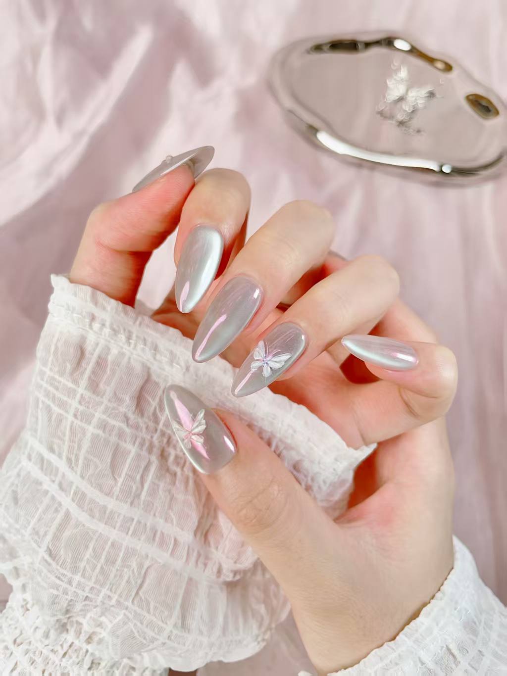 Blisss Nails Handmade Pearl Ombre with Cat Eye Effect Floral Press On Nails – Long Almond Reusable Artificial Fake Nails | Premium Shimmer Flower Nail Art !0 Pc Nails Set
