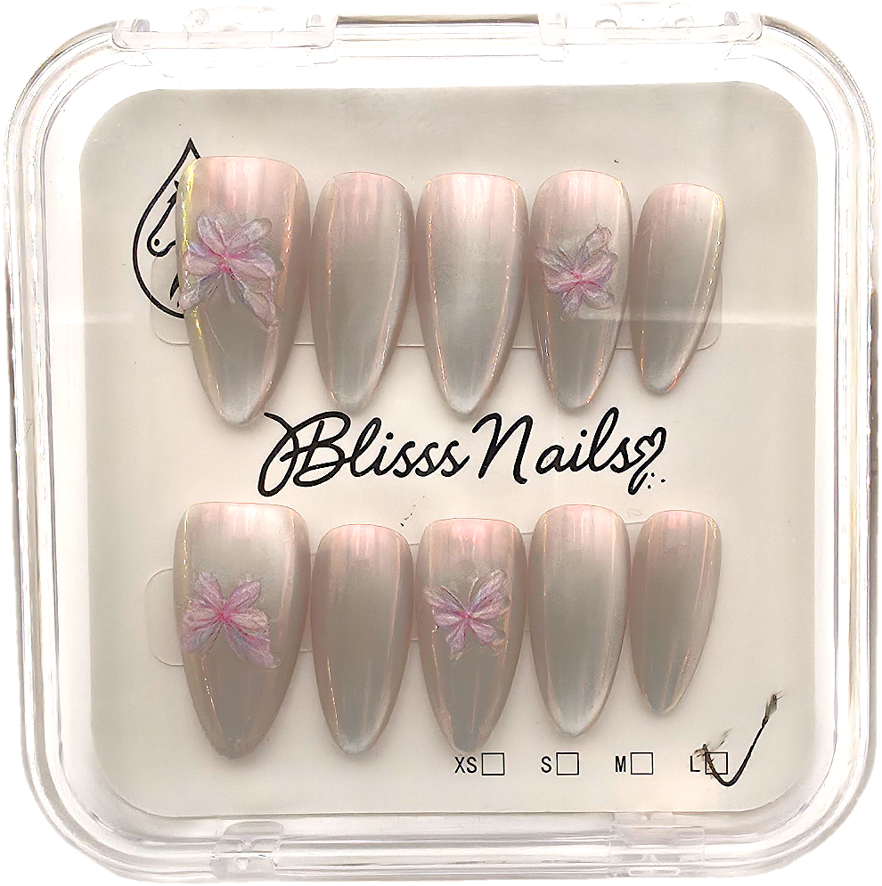 Blisss Nails Handmade Pearl Ombre with Cat Eye Effect Floral Press On Nails – Long Almond Reusable Artificial Fake Nails | Premium Shimmer Flower Nail Art !0 Pc Nails Set