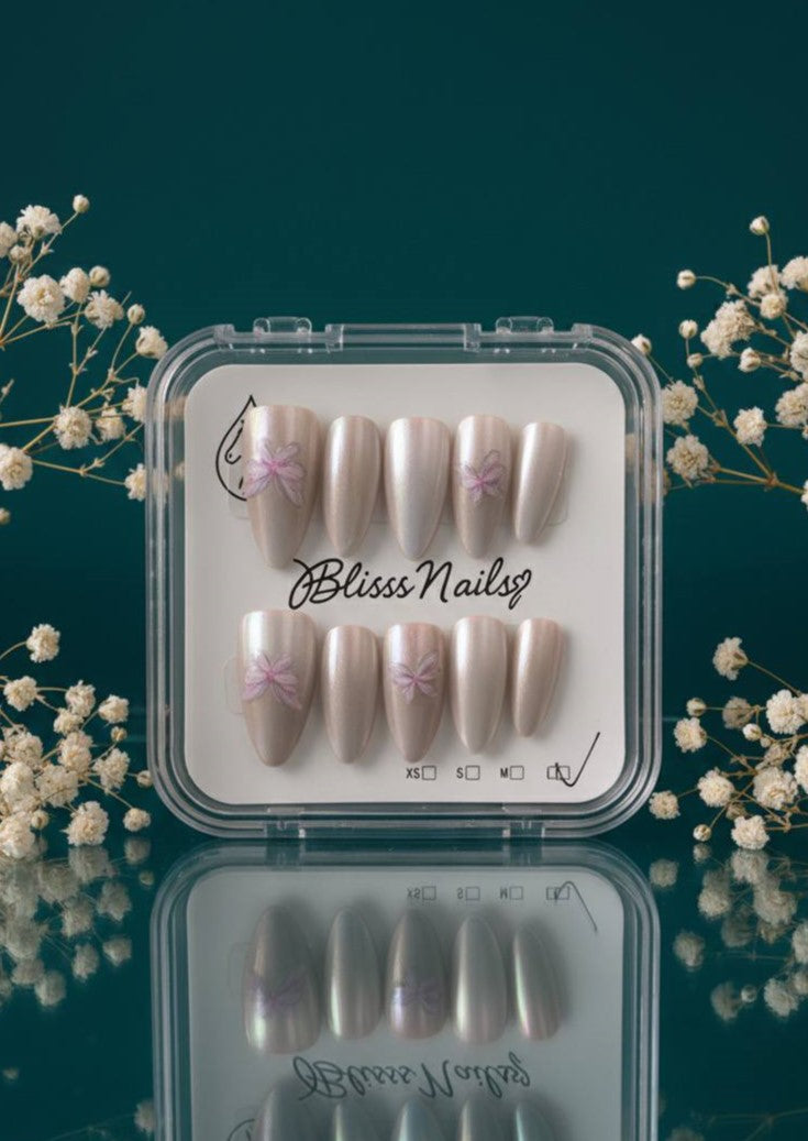 Blisss Nails Handmade Pearl Ombre with Cat Eye Effect Floral Press On Nails – Long Almond Reusable Artificial Fake Nails | Premium Shimmer Flower Nail Art !0 Pc Nails Set