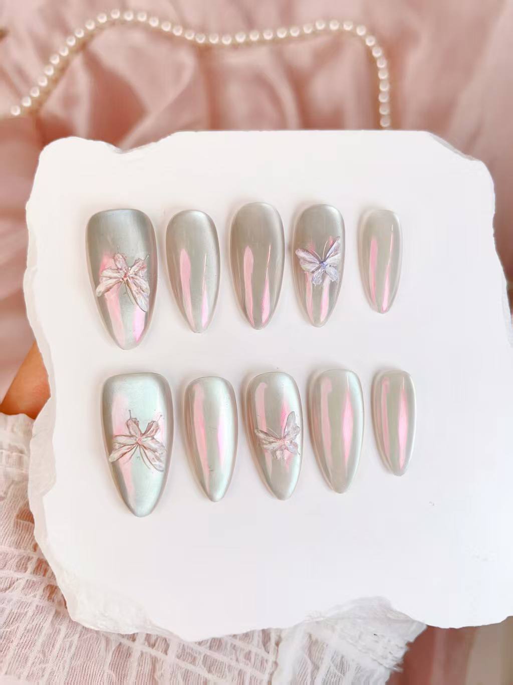 Blisss Nails Handmade Pearl Ombre with Cat Eye Effect Floral Press On Nails – Long Almond Reusable Artificial Fake Nails | Premium Shimmer Flower Nail Art !0 Pc Nails Set