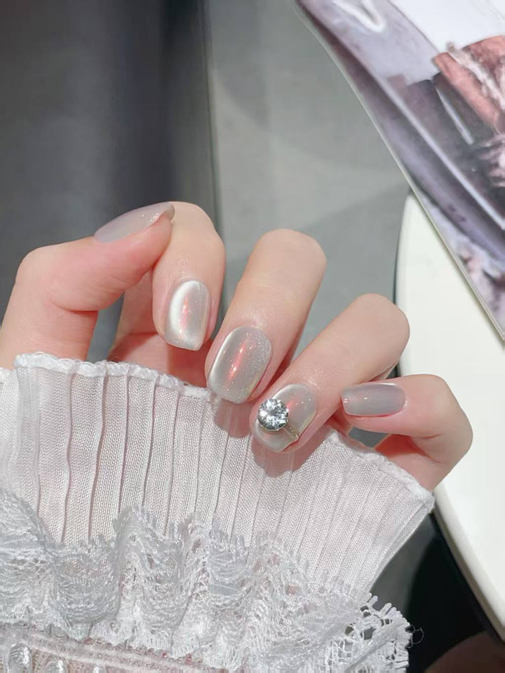 Blisss Nails Handmade Pearl Chrome Press On Nails – Short Square Reusable Artificial Fake Nails with Crystal Accent | Premium Glossy Nail Art 10 pc Nails Set