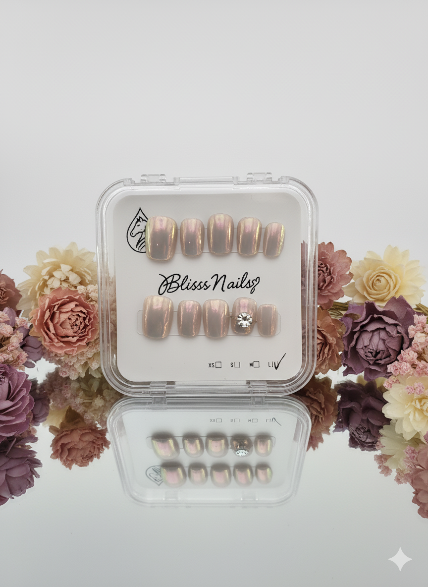 Blisss Nails Handmade Pearl Chrome Press On Nails – Short Square Reusable Artificial Fake Nails with Crystal Accent | Premium Glossy Nail Art 10 pc Nails Set