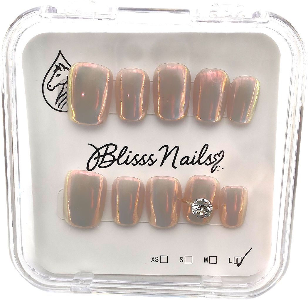 Blisss Nails Handmade Pearl Chrome Press On Nails – Short Square Reusable Artificial Fake Nails with Crystal Accent | Premium Glossy Nail Art 10 pc Nails Set