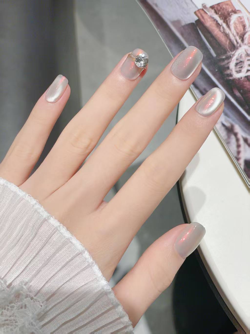 Blisss Nails Handmade Pearl Chrome Press On Nails – Short Square Reusable Artificial Fake Nails with Crystal Accent | Premium Glossy Nail Art 10 pc Nails Set