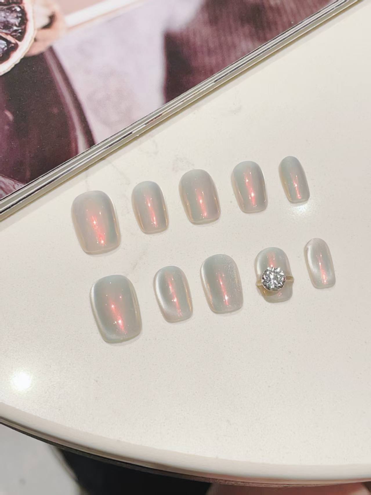 Blisss Nails Handmade Pearl Chrome Press On Nails – Short Square Reusable Artificial Fake Nails with Crystal Accent | Premium Glossy Nail Art 10 pc Nails Set