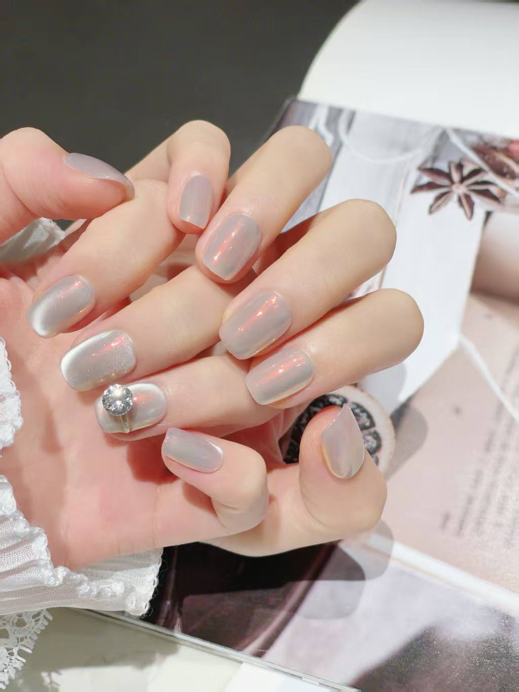 Blisss Nails Handmade Pearl Chrome Press On Nails – Short Square Reusable Artificial Fake Nails with Crystal Accent | Premium Glossy Nail Art 10 pc Nails Set