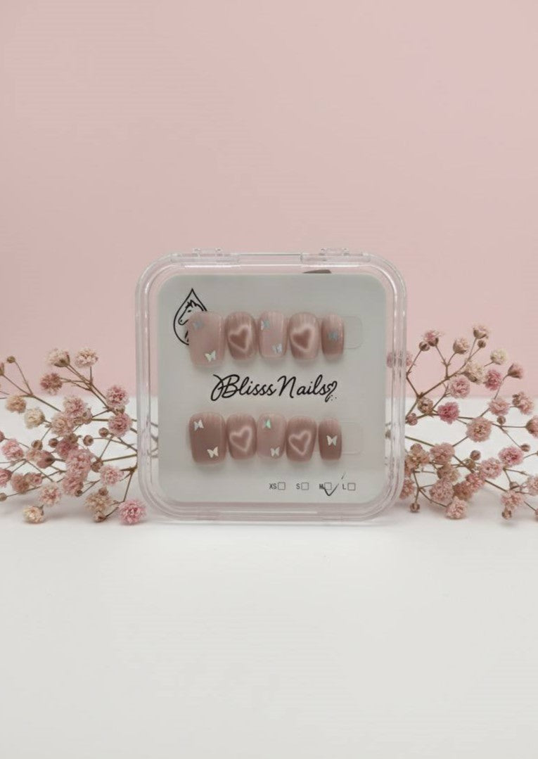 Blisss Nails Handmade Pink Peach Heart with Cat Eye Effect Butterfly Press On Nails – Short Square Reusable Artificial Fake Nails | Premium Cute Glossy Nail Art 10 Pc Nail Set