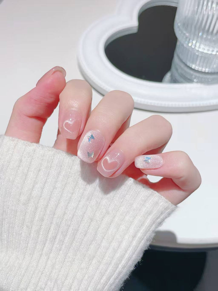 Blisss Nails Handmade Pink Peach Heart with Cat Eye Effect Butterfly Press On Nails – Short Square Reusable Artificial Fake Nails | Premium Cute Glossy Nail Art 10 Pc Nail Set