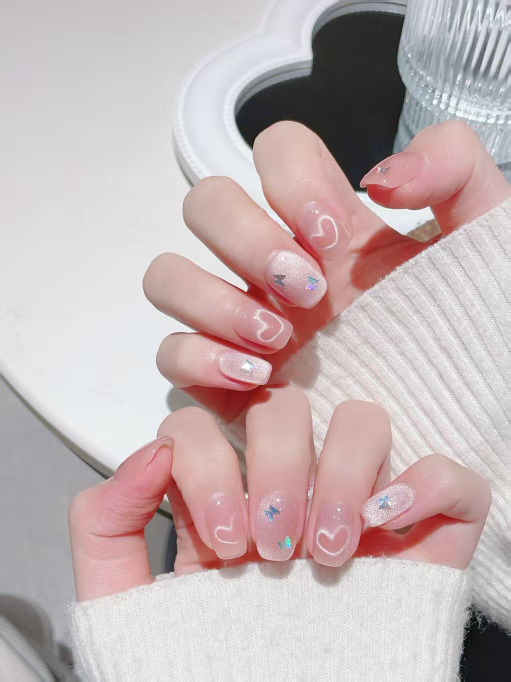 Blisss Nails Handmade Pink Peach Heart with Cat Eye Effect Butterfly Press On Nails – Short Square Reusable Artificial Fake Nails | Premium Cute Glossy Nail Art 10 Pc Nail Set