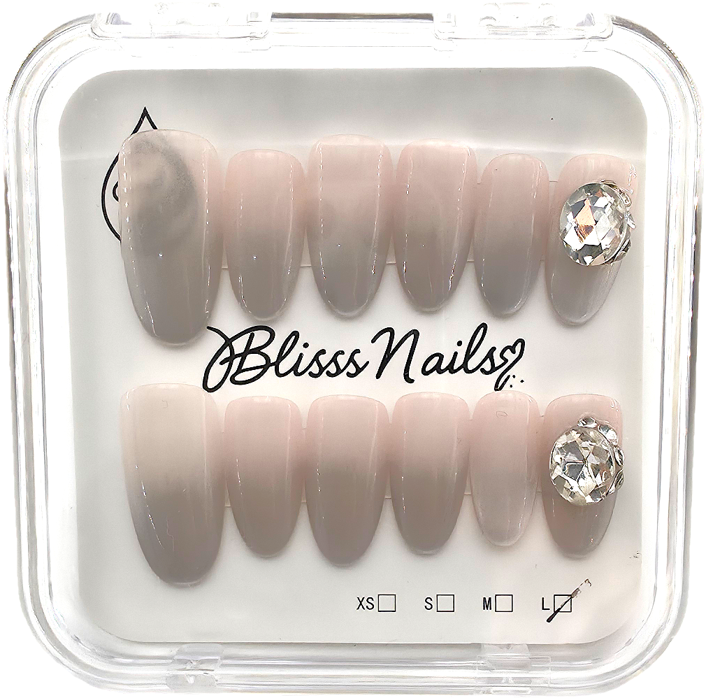 Blisss Nails Handmade Nude Pink Grey Ombre with Cat Eye Effect Press On Nails – Long Almond Reusable Artificial Fake Nails with Crystal Accent | Premium Elegant Nail Art 10 pc Nails Set