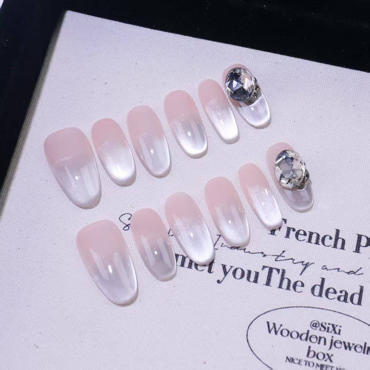 Blisss Nails Handmade Nude Pink Grey Ombre with Cat Eye Effect Press On Nails – Long Almond Reusable Artificial Fake Nails with Crystal Accent | Premium Elegant Nail Art 10 pc Nails Set
