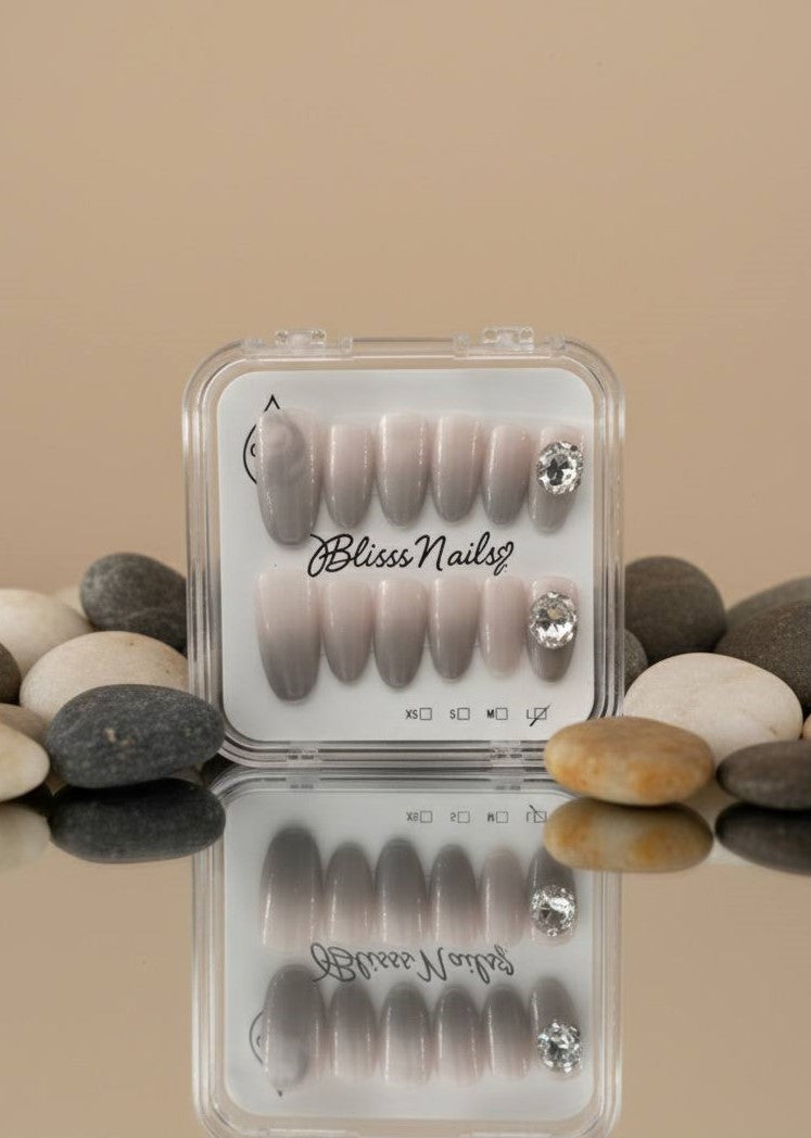 Blisss Nails Handmade Nude Pink Grey Ombre with Cat Eye Effect Press On Nails – Long Almond Reusable Artificial Fake Nails with Crystal Accent | Premium Elegant Nail Art 10 pc Nails Set
