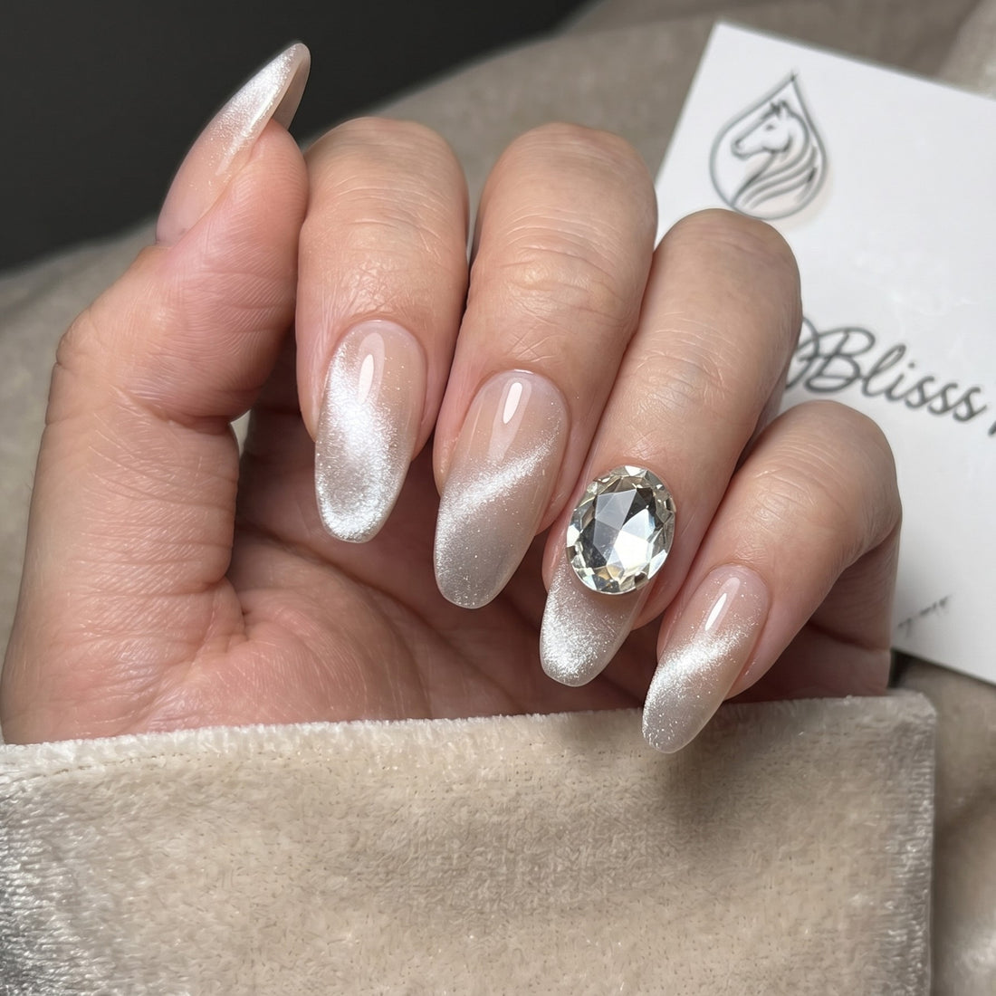 Blisss Nails Handmade Nude Pink Grey Ombre with Cat Eye Effect Press On Nails – Long Almond Reusable Artificial Fake Nails with Crystal Accent | Premium Elegant Nail Art 10 pc Nails Set