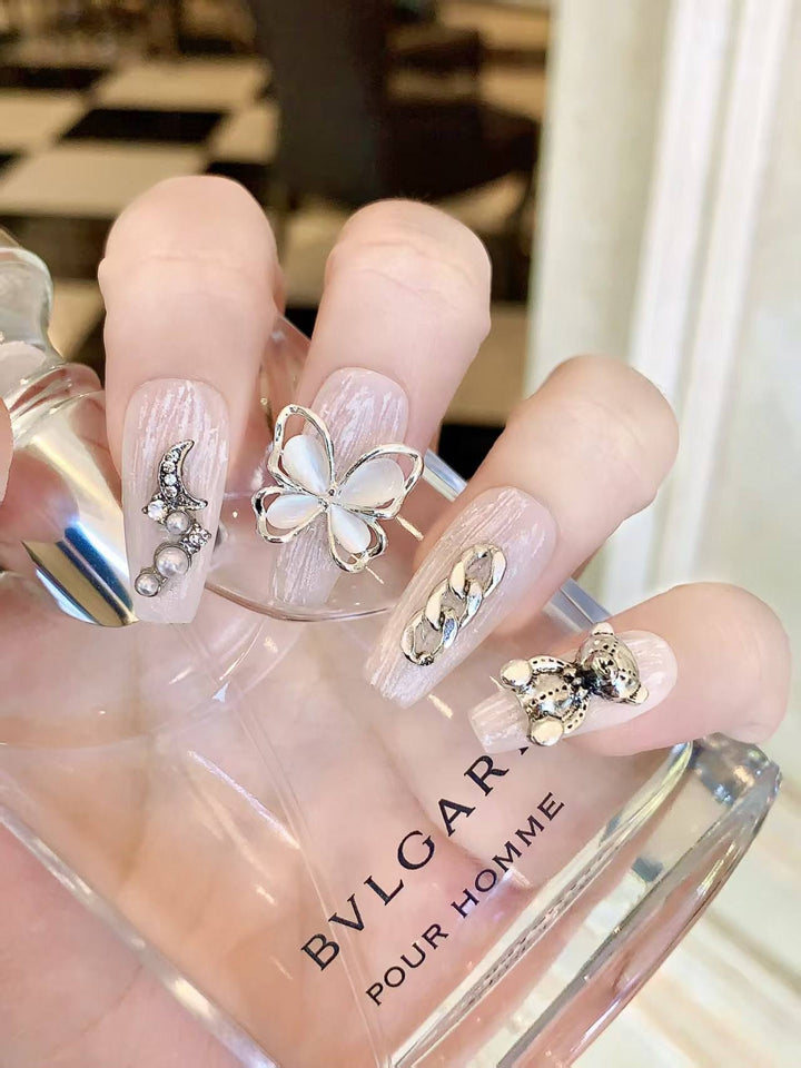 Blisss Nails Handmade 3D Charm Press On Nails – Luxury Pearl White Reusable Artificial Fake Nails with Butterfly, Moon & Teddy Charms | Premium Statement Nail Art 10 pc Nail Set