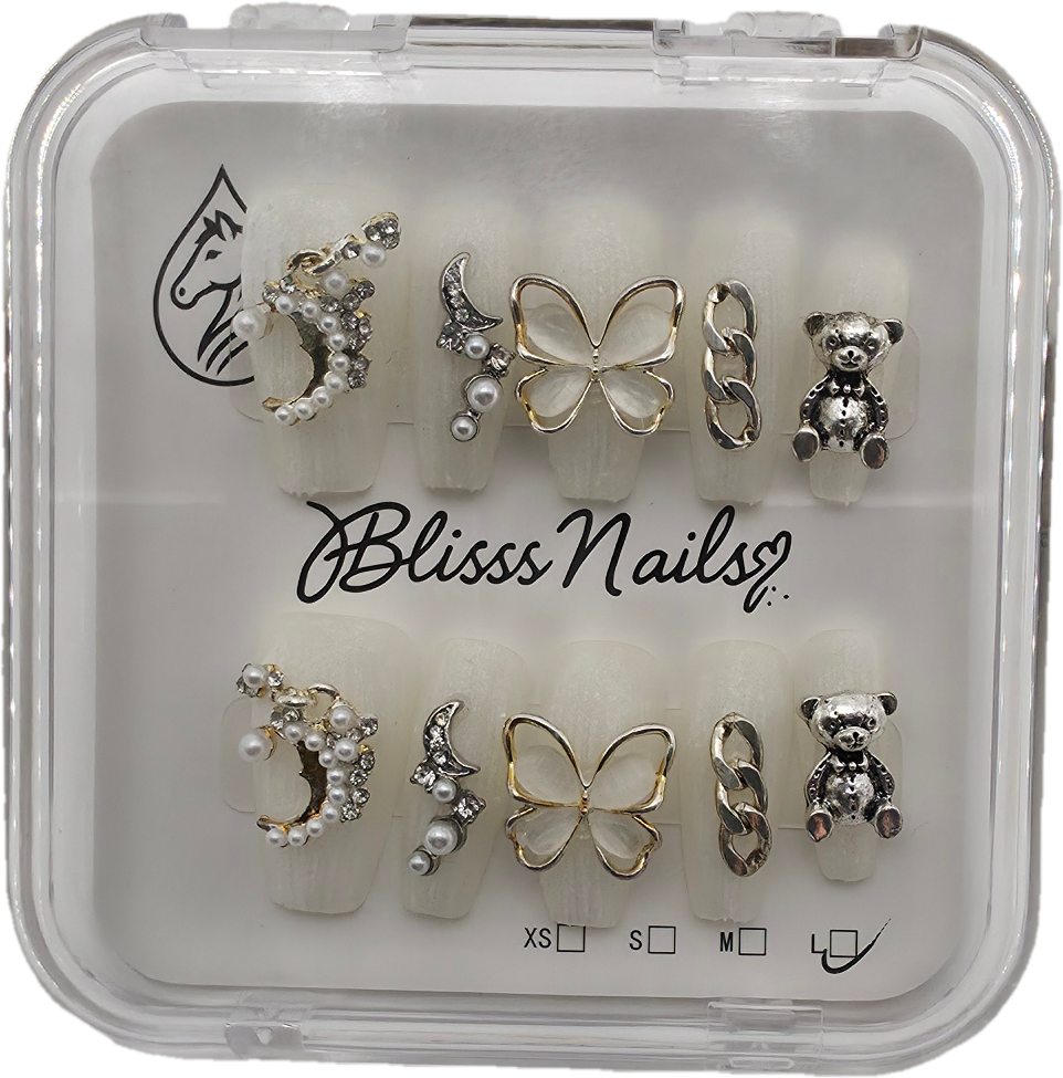 Blisss Nails Handmade 3D Charm Press On Nails – Luxury Pearl White Reusable Artificial Fake Nails with Butterfly, Moon & Teddy Charms | Premium Statement Nail Art 10 pc Nail Set