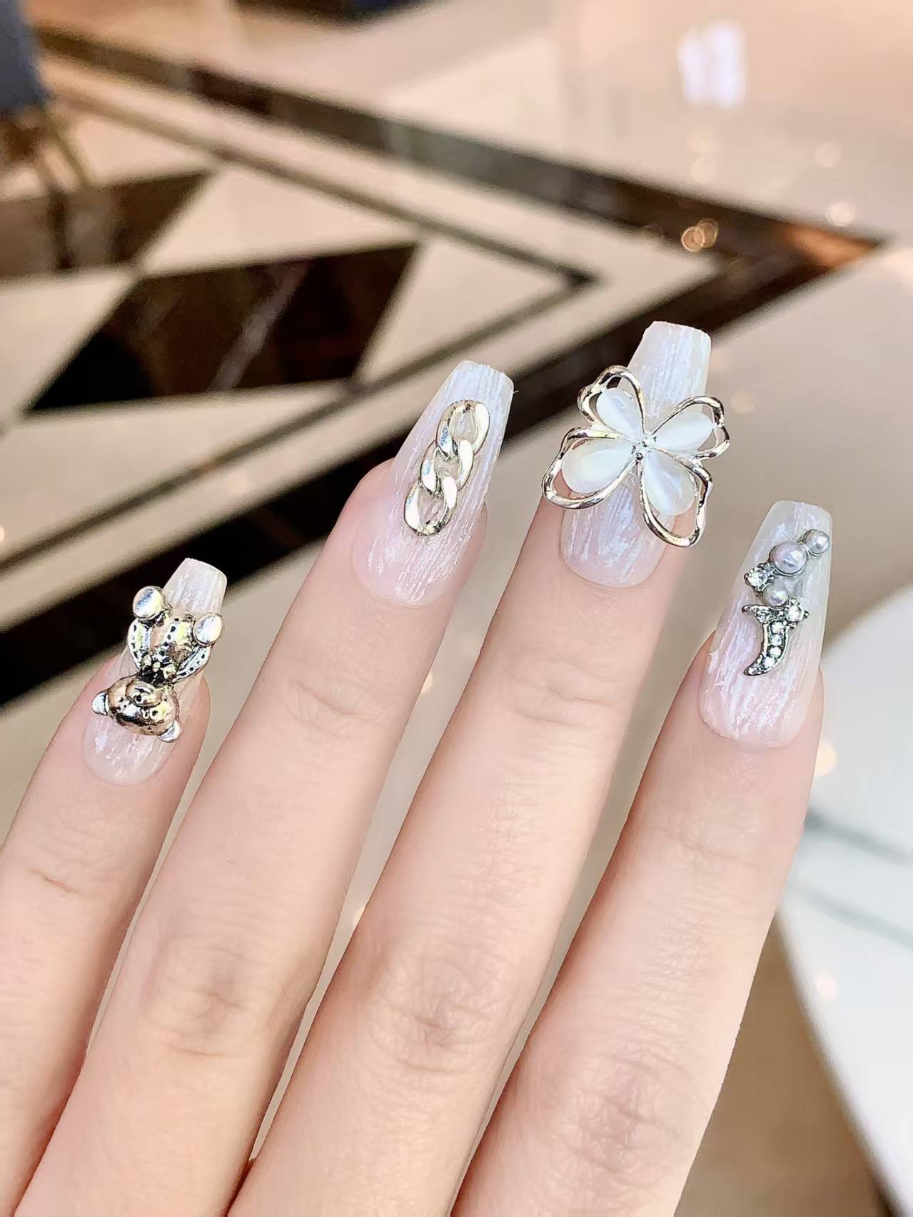Blisss Nails Handmade 3D Charm Press On Nails – Luxury Pearl White Reusable Artificial Fake Nails with Butterfly, Moon & Teddy Charms | Premium Statement Nail Art 10 pc Nail Set