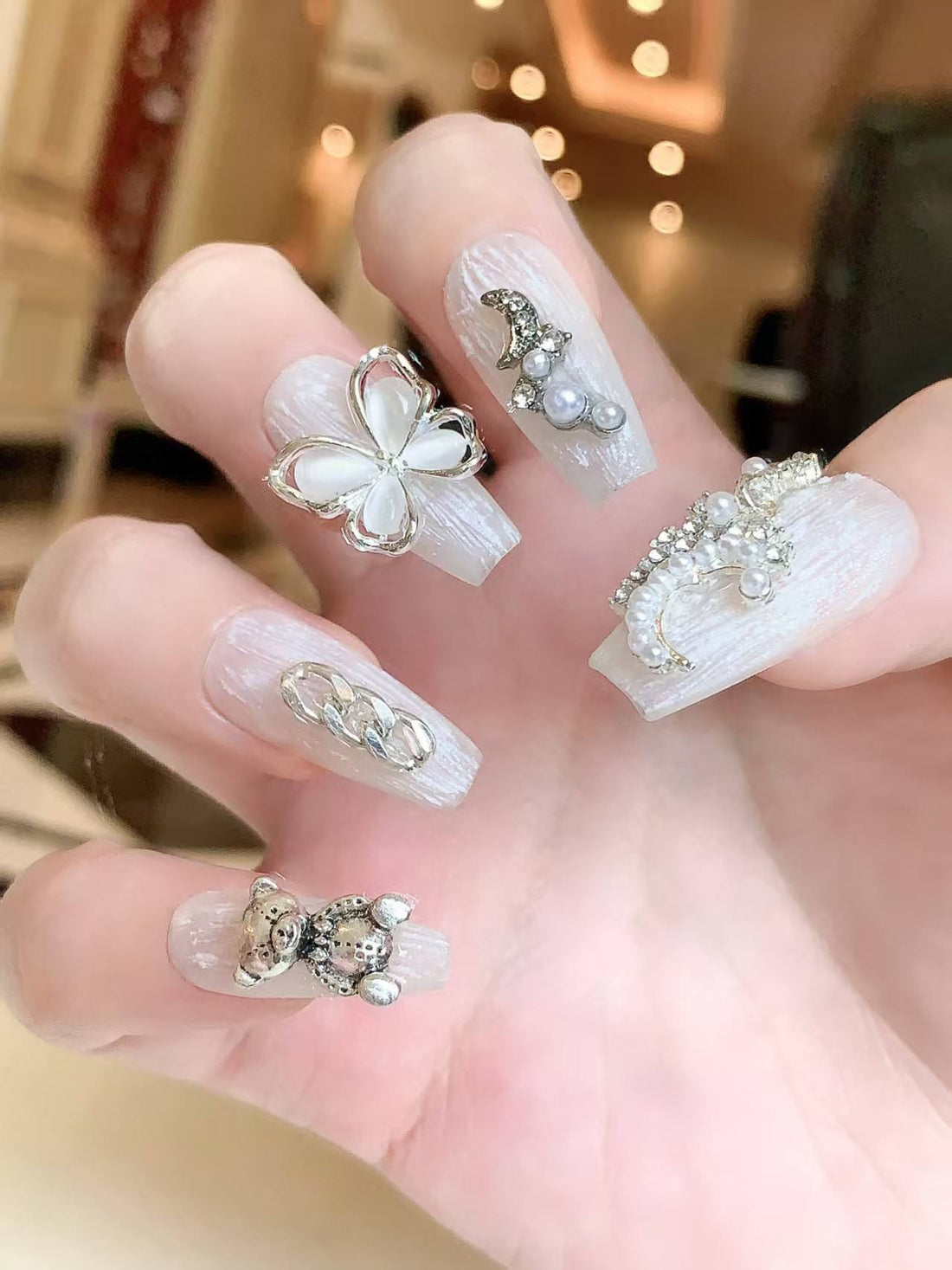 Blisss Nails Handmade 3D Charm Press On Nails – Luxury Pearl White Reusable Artificial Fake Nails with Butterfly, Moon & Teddy Charms | Premium Statement Nail Art 10 pc Nail Set