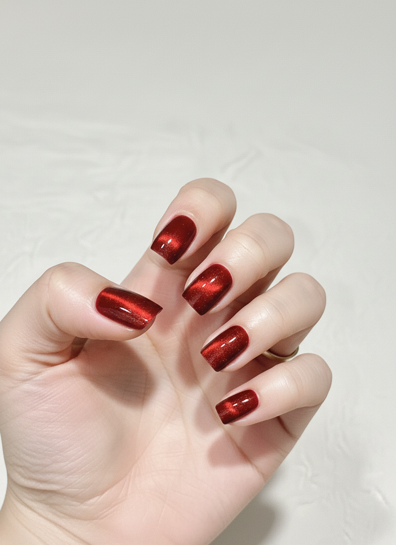 Blisss Nails Handmade Premium Press On Nails -  Maroon Red Cherry Velvet Cat Eye Magnetic Effect, Reusable Artificial Nails, Short Square Round Shape, Luxury Shimmer Finish Salon-Quality False Nails 10 Pcs Nail Set