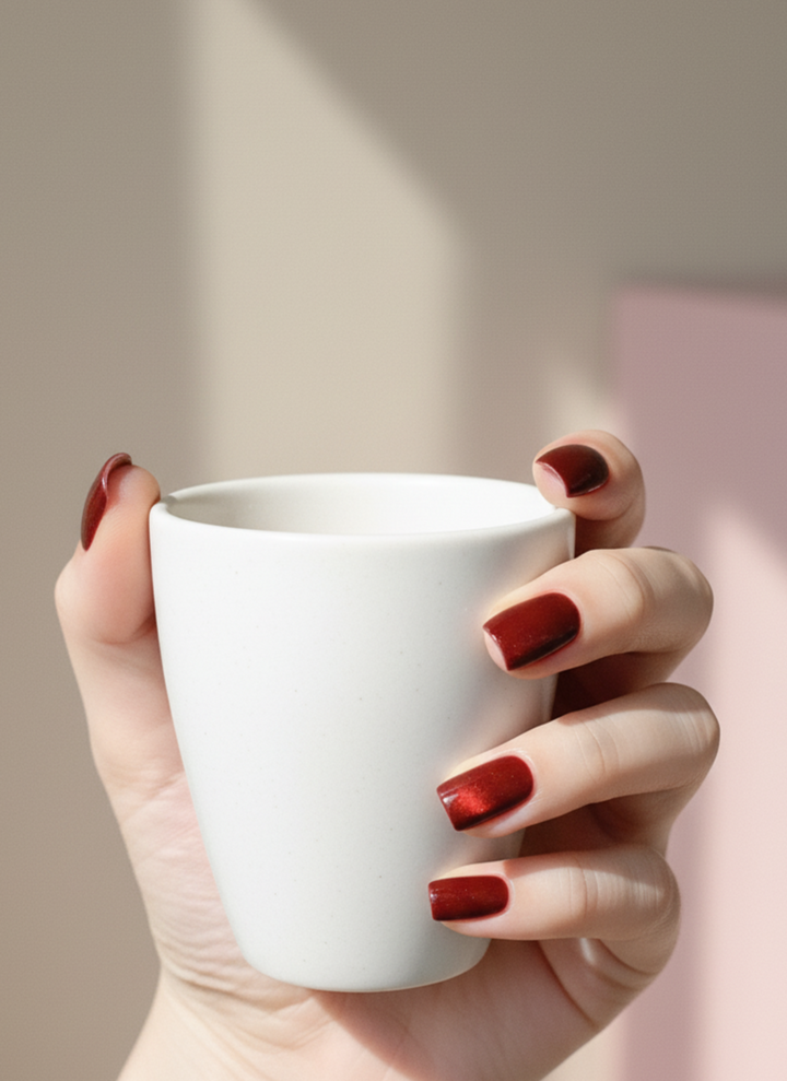 Blisss Nails Handmade Premium Press On Nails -  Maroon Red Cherry Velvet Cat Eye Magnetic Effect, Reusable Artificial Nails, Short Square Round Shape, Luxury Shimmer Finish Salon-Quality False Nails 10 Pcs Nail Set