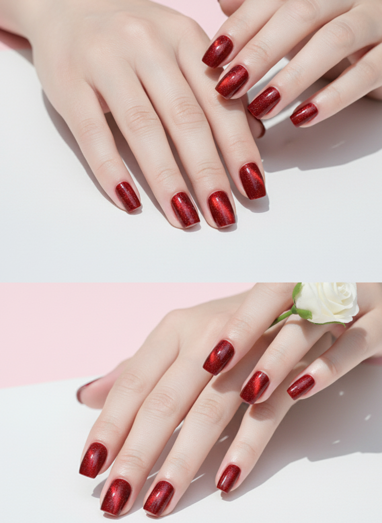 Blisss Nails Handmade Premium Press On Nails -  Maroon Red Cherry Velvet Cat Eye Magnetic Effect, Reusable Artificial Nails, Short Square Round Shape, Luxury Shimmer Finish Salon-Quality False Nails 10 Pcs Nail Set