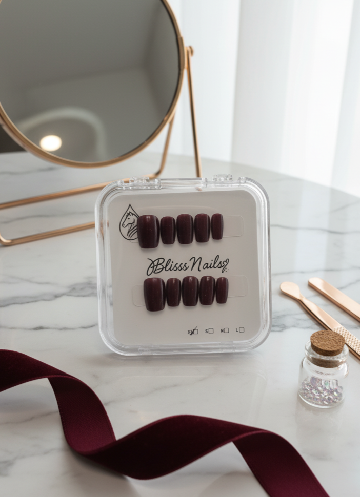 Blisss Nails Handmade Premium Press On Nails -  Maroon Red Cherry Velvet Cat Eye Magnetic Effect, Reusable Artificial Nails, Short Square Round Shape, Luxury Shimmer Finish Salon-Quality False Nails 10 Pcs Nail Set