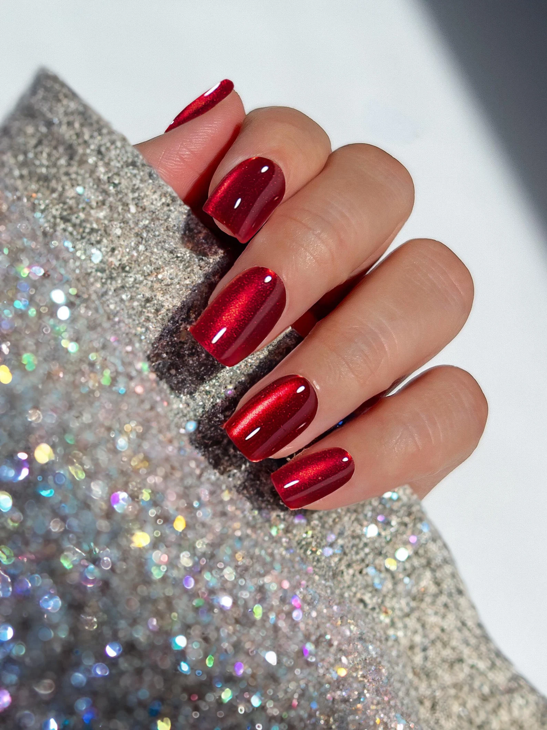 Blisss Nails Handmade Premium Press On Nails -  Maroon Red Cherry Velvet Cat Eye Magnetic Effect, Reusable Artificial Nails, Short Square Round Shape, Luxury Shimmer Finish Salon-Quality False Nails 10 Pcs Nail Set