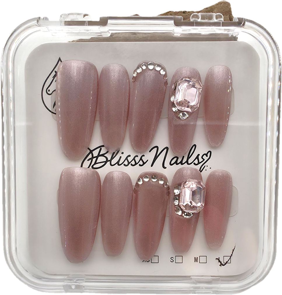 Blisss Nails Press on Nails Coffin Shape Pink Dusty Mauve Cat Eye Crystal Luxury 10 Pcs Nail Set