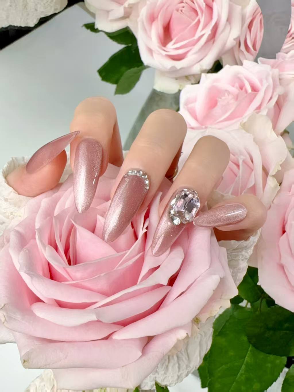 Blisss Nails Press on Nails Coffin Shape Pink Dusty Mauve Cat Eye Crystal Luxury 10 Pcs Nail Set