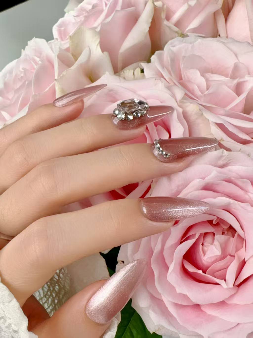 Blisss Nails Press on Nails Coffin Shape Pink Dusty Mauve Cat Eye Crystal Luxury 10 Pcs Nail Set