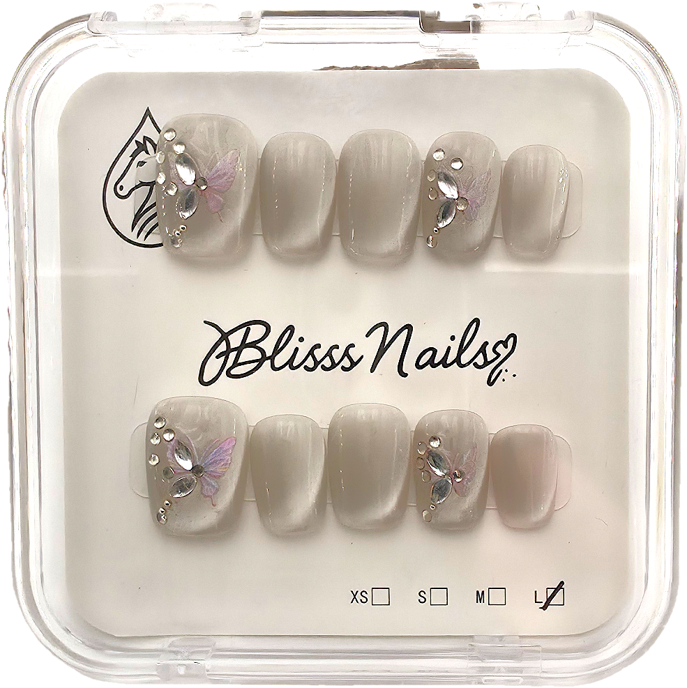 Blisss Nails Handmade Pearl Nude  with Cat Eye Effect Butterfly Press On Nails – Short Square Reusable Artificial Fake Nails with Crystal Rhinestones | Premium Elegant Nail Art 10 pc Nail Set