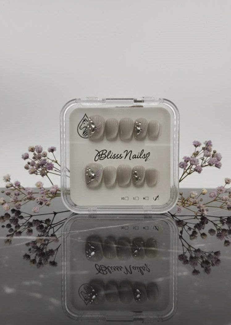 Blisss Nails Handmade Pearl Nude  with Cat Eye Effect Butterfly Press On Nails – Short Square Reusable Artificial Fake Nails with Crystal Rhinestones | Premium Elegant Nail Art 10 pc Nail Set