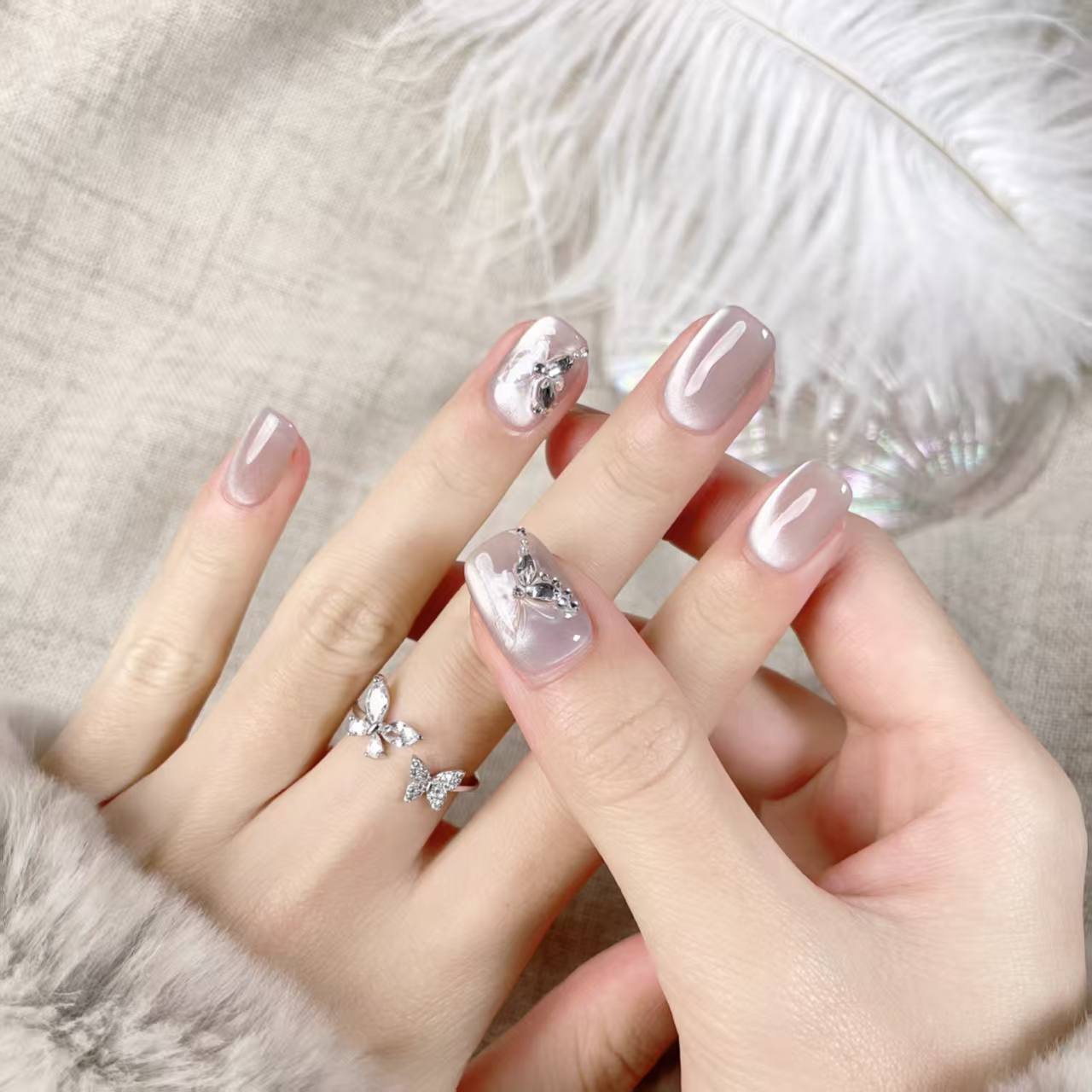 Blisss Nails Handmade Pearl Nude  with Cat Eye Effect Butterfly Press On Nails – Short Square Reusable Artificial Fake Nails with Crystal Rhinestones | Premium Elegant Nail Art 10 pc Nail Set