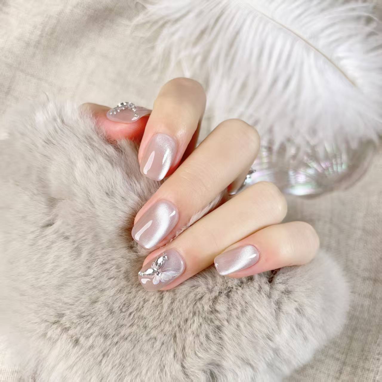 Blisss Nails Handmade Pearl Nude  with Cat Eye Effect Butterfly Press On Nails – Short Square Reusable Artificial Fake Nails with Crystal Rhinestones | Premium Elegant Nail Art 10 pc Nail Set