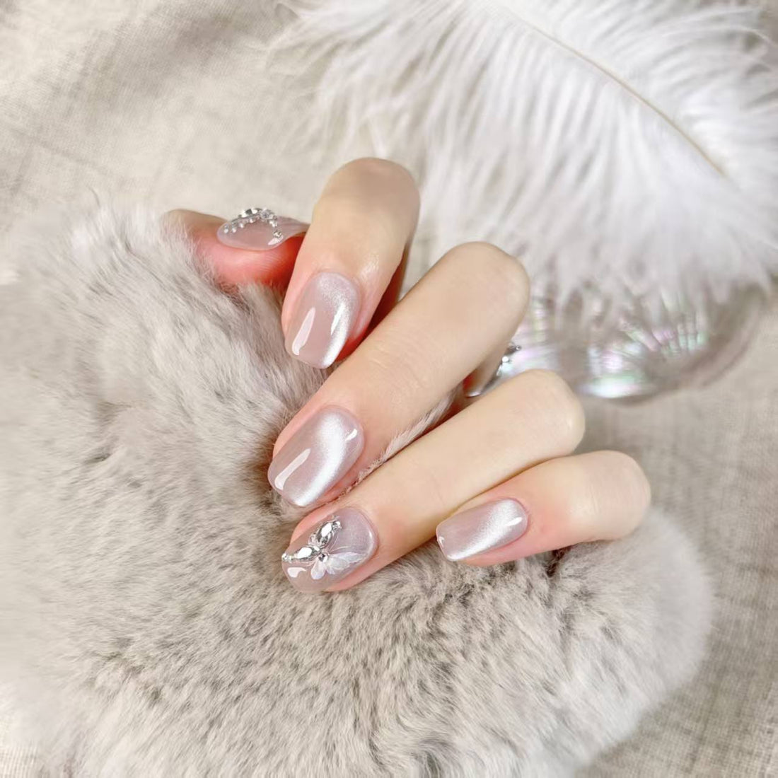 Blisss Nails Handmade Pearl Nude  with Cat Eye Effect Butterfly Press On Nails – Short Square Reusable Artificial Fake Nails with Crystal Rhinestones | Premium Elegant Nail Art 10 pc Nail Set