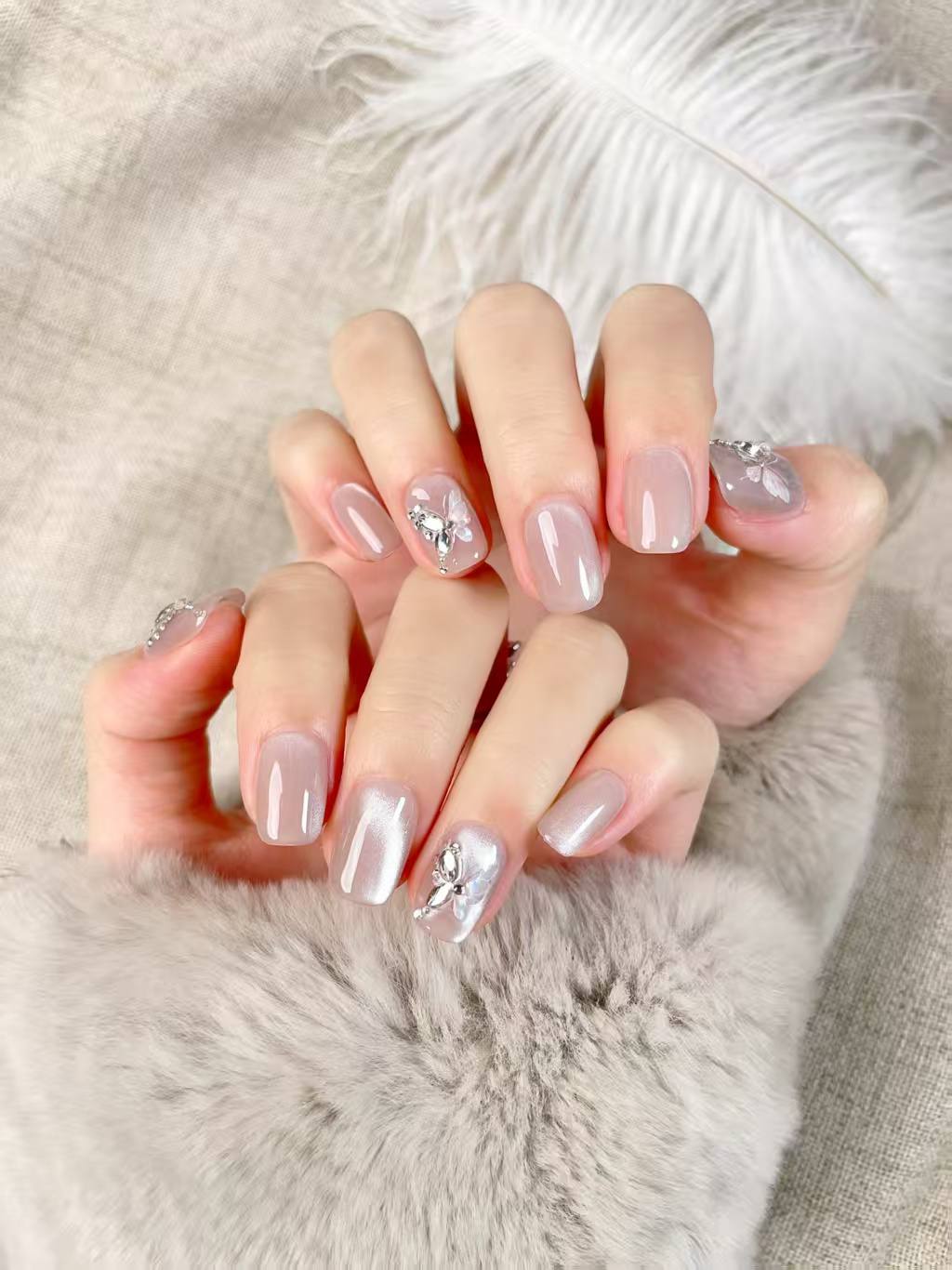 Blisss Nails Handmade Pearl Nude  with Cat Eye Effect Butterfly Press On Nails – Short Square Reusable Artificial Fake Nails with Crystal Rhinestones | Premium Elegant Nail Art 10 pc Nail Set