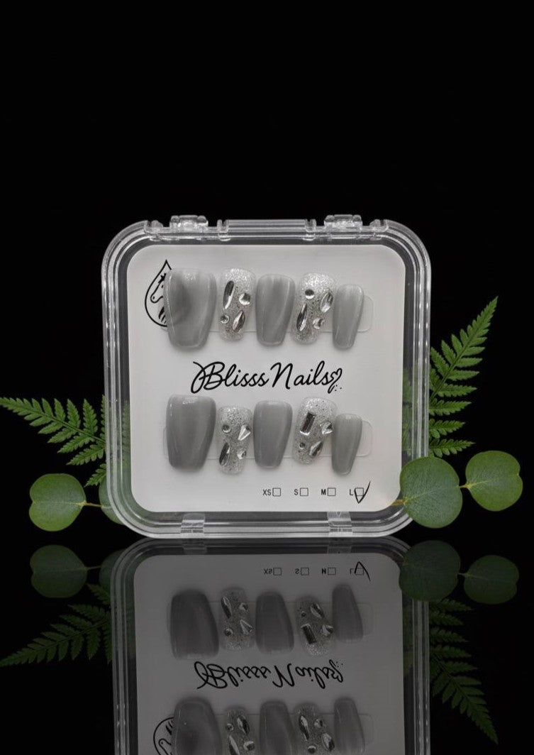 Blisss Nails Handmade Grey With Cat Eye Effect and Glitter Rhinestone Press On Nails – Short Coffin Reusable Artificial Fake Nails with Crystal Nail Art | Premium Elegant Nail Design 10 Pc Nail Set