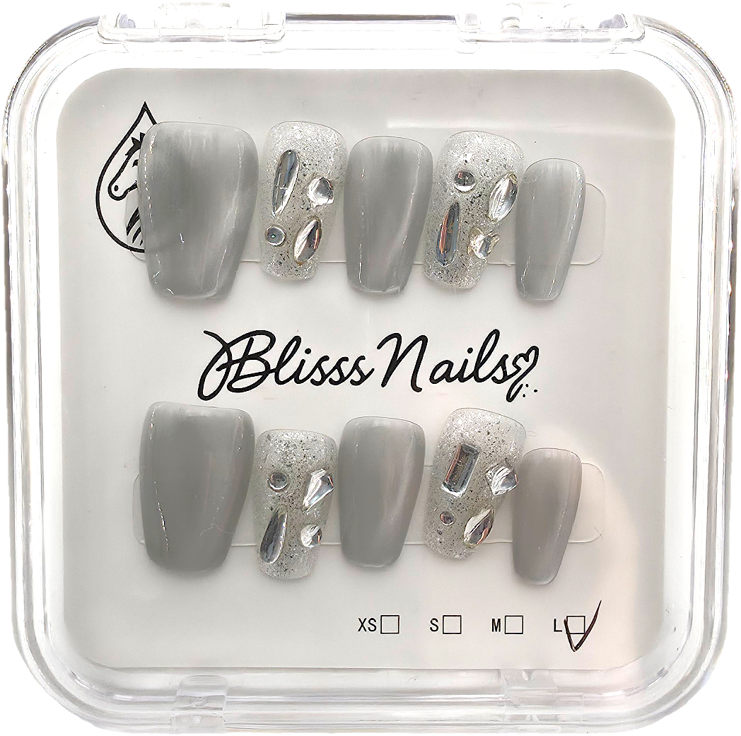 Blisss Nails Handmade Grey With Cat Eye Effect and Glitter Rhinestone Press On Nails – Short Coffin Reusable Artificial Fake Nails with Crystal Nail Art | Premium Elegant Nail Design 10 Pc Nail Set